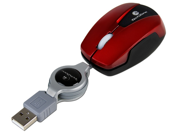 Mini Mouse TechZone Óptico, retráctil USB. Color Rojo