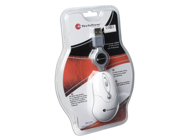 Mini Mouse TechZone Láser, Cable Retráctil USB. Color Blanco
