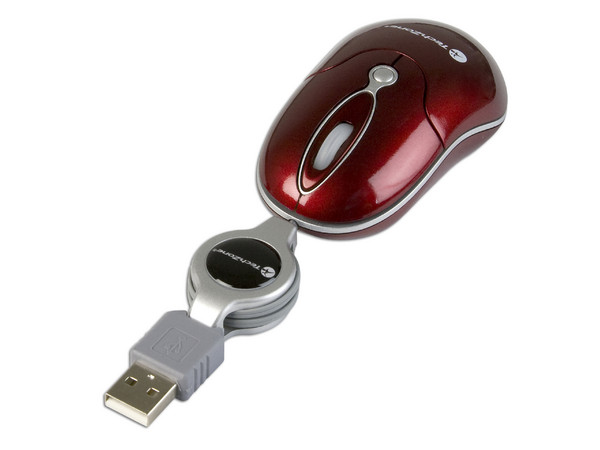 Mini Mouse TechZone Láser, Cable Retráctil USB. Color Rojo