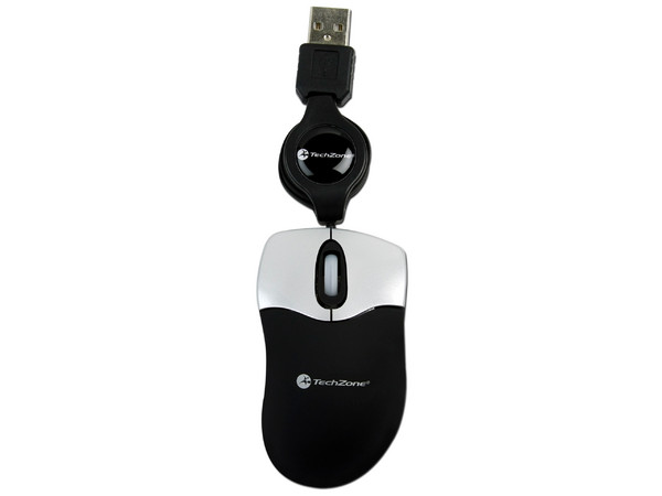 Mini Mouse TechZone Láser, retráctil USB. Color Negro con Plateado