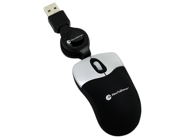 Mini Mouse TechZone Láser, retráctil USB. Color Negro con Plateado