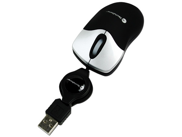 Mini Mouse TechZone Láser, retráctil USB. Color Negro con Plateado