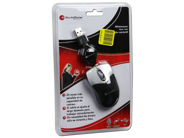 Mini Mouse TechZone Láser, retráctil USB. Color Negro con Plateado
