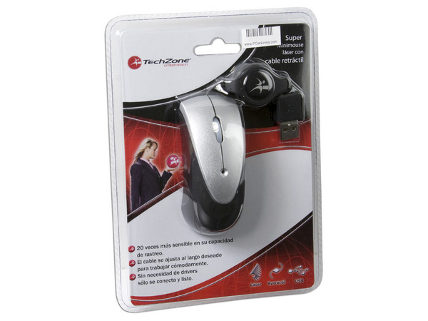 Mini Mouse TechZone Láser, Cable Retráctil USB. Color Negro