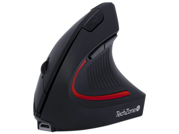 Mouse Inalámbrico TechZone Ergo 02, hasta 1600 dpi, 6 botones, Bluetooth, Receptor USB, Batería recargable. Color Negro.