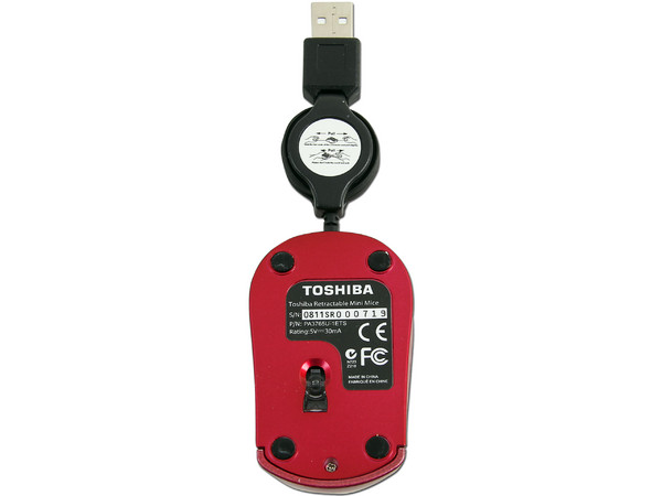 Mini Mouse Retráctil Toshiba, óptico, USB. Color Rojo