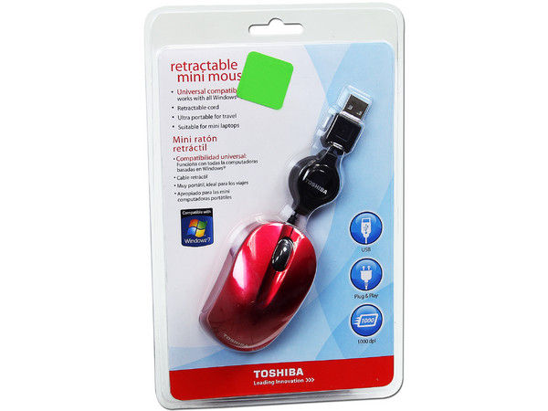 Mini Mouse Retráctil Toshiba, óptico, USB. Color Rojo