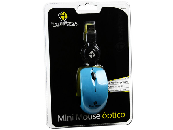 Mini Mouse TrueBasix Óptico, retráctil USB. Color Celeste