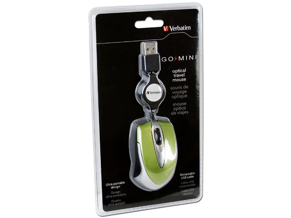Mini Mouse Verbatim GO MINI Óptico, Cable Retráctil, USB, color Verde