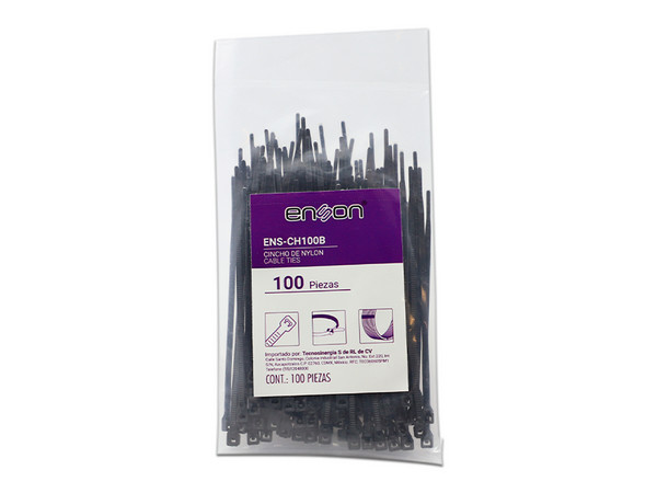 Cinchos de Nylon Enson ENS-CH100B, 2.5 x 100mm, Color Negro, Bolsa con 100 Piezas.