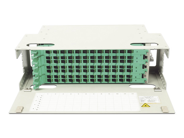 Distribuidor de Fibra Óptica FiberHome para 96 empalmes, con 96 acopladores SC/APC y 96 pigtails, 19