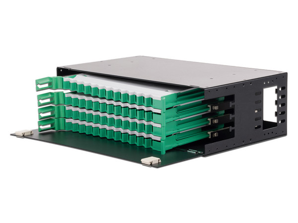 Distribuidor de Fibra Óptica LinkedPro deslizable, con 48 adaptadores LC Duplex/LC Simplex o 48 SC Simplex, 3U, Color Negro.
