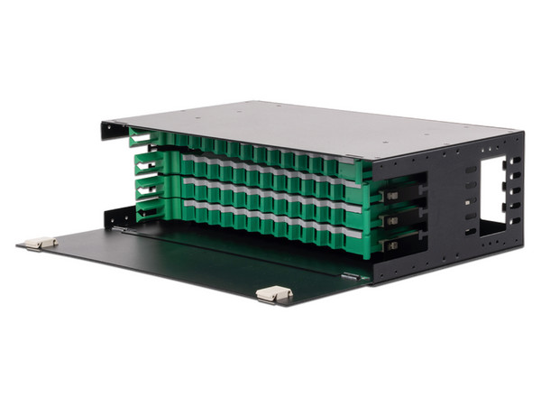 Distribuidor de Fibra Óptica LinkedPro deslizable, con 48 adaptadores LC Duplex/LC Simplex o 48 SC Simplex, 3U, Color Negro.