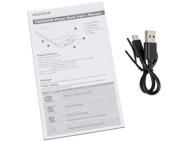 Batería Portátil recargable y linterna LED ADATA AP20000D Power Bank de 20,000 mAh para Smartphones y Tablets.
