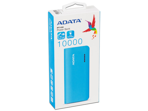 Batería Portátil recargable y linterna LED ADATA PT100 Powerbank de 10000 mAh. Color Azul/Blanco.