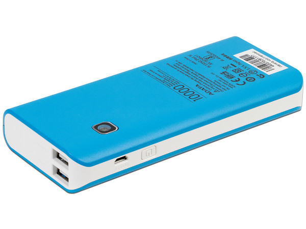 Batería Portátil recargable y linterna LED ADATA PT100 Powerbank de 10000 mAh. Color Azul/Blanco.