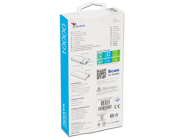 Batería Portátil recargable y linterna LED ADATA PT100 Powerbank de 10000 mAh. Color Azul/Blanco.