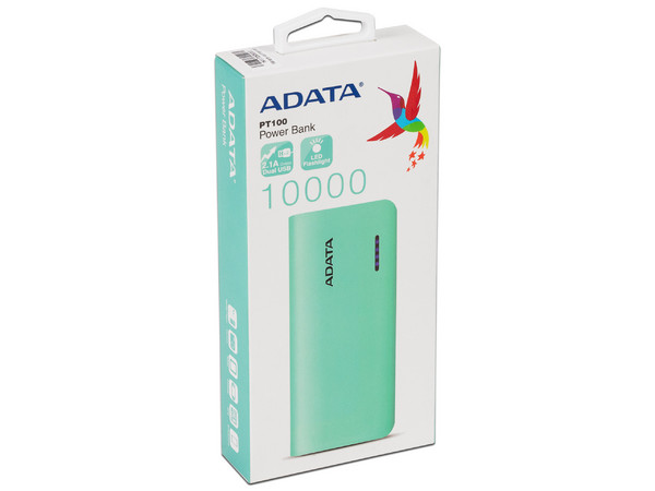 Batería Portátil recargable y linterna LED ADATA PT100 Powerbank de 10000 mAh, Color Azul/Rosa.