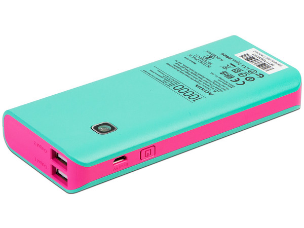 Batería Portátil recargable y linterna LED ADATA PT100 Powerbank de 10000 mAh, Color Azul/Rosa.