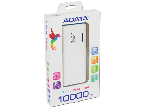 Batería Portátil recargable y linterna LED ADATA PT100 Powerbank de 10,000 mAh.