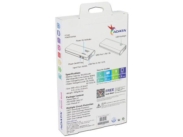 Batería Portátil recargable y linterna LED ADATA PT100 Powerbank de 10,000 mAh.