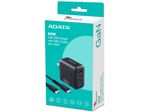 Cargador de Pared Adata Charger U de 65W, 2 puertos USB-C PD 3.0 y 1 puerto USB-A QC 3.0, Incluye Cable USB Tipo C de 2m, Color Negro.