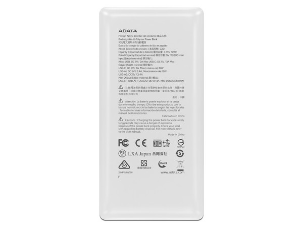 Batería Portátil Recargable ADATA C20, Power Bank de 20,000mAh, USB-A, USB-C. Color Blanco.