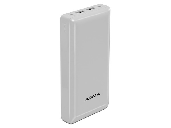 Batería Portátil Recargable ADATA C20, Power Bank de 20,000mAh, USB-A, USB-C. Color Blanco.