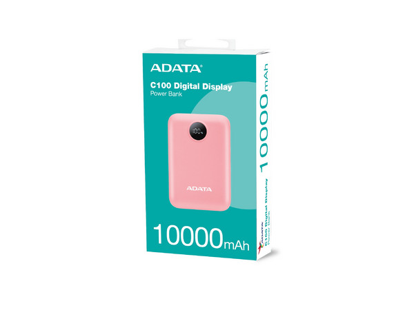 Power Bank ADATA PC10022-12PK, Batería Portátil Recargable de 10,000 mAh, Display Digital. Color Rosa.