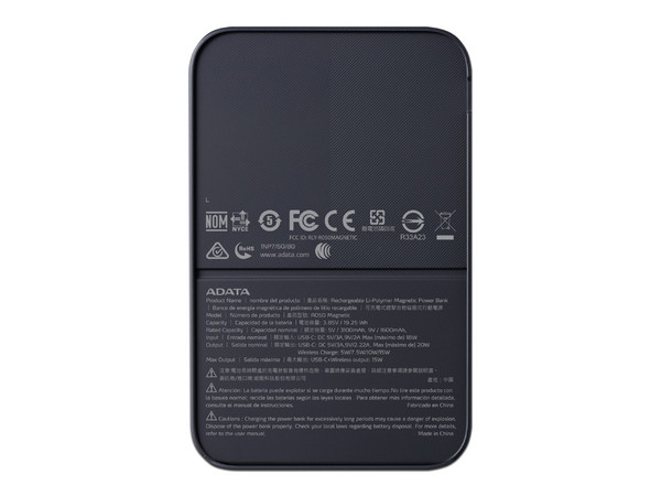 Batería portátil Adata Power Bank R050 con carga inalámbrica, capacidad de 5,000 mAh. Color Negro.