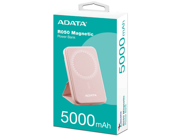 Cargador Portátil ADATA R050 Magnetic de 5000mAh, Con Carga Inalámbrica, Color Rosa.