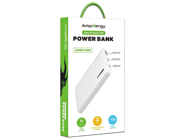 Batería Portátil Recargable AMPNERGY APBBAT151 de 5000 mAh, 10W, 2 Puertos USB Tipo C, 1 Puerto USB Tipo A. Color Blanco.