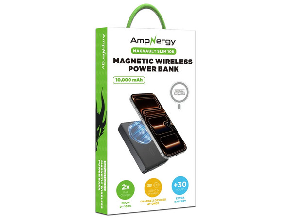 Batería Portátil Magnético AMPNERGY MagVault de 10.000 mAh, Carga Rápida Inalámbrica.