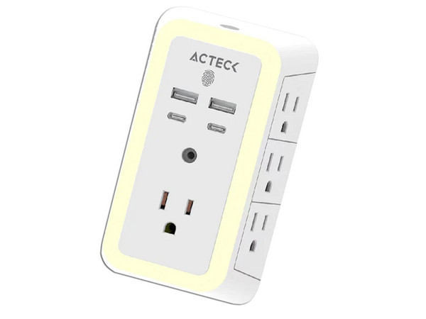 Cargador de Pared Acteck Energon Lumina CP515, 2 Puertos USB Tipo C, 2 Puertos USB Tipo A, 7 Salidas AC, Color Blanco.