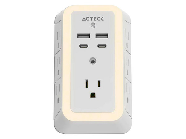 Cargador de Pared Acteck Energon Lumina CP515, 2 Puertos USB Tipo C, 2 Puertos USB Tipo A, 7 Salidas AC, Color Blanco.