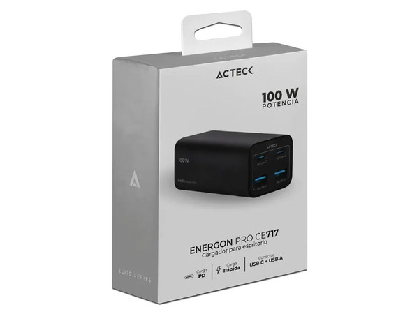 Cargador de Pared Acteck Energon Mate CE717, Carga Ultra Rápida de 100w, 2 x USB Tipo C, 2 x USB Tipo A,, Color Negro.