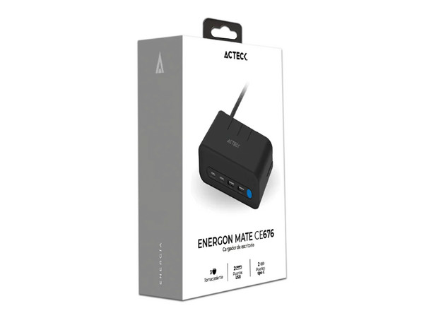 Cargador de Escritorio Acteck Energon Mate CE676, 20W, 3 Contactos AC, 2 Puerto Tipo A, 2 Puerto UCB Tipo C, Color Negro.