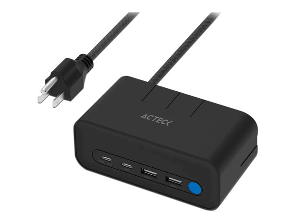 Cargador de Escritorio Acteck Energon Mate CE676, 20W, 3 Contactos AC, 2 Puerto Tipo A, 2 Puerto UCB Tipo C, Color Negro.