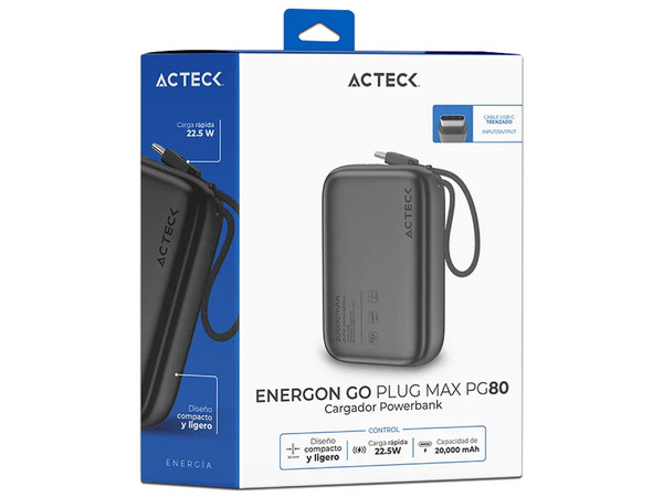 Powerbank Acteck Energon Go Plug Max PG80 de 20.000 mAh, USB Tipo C. Color Negro.