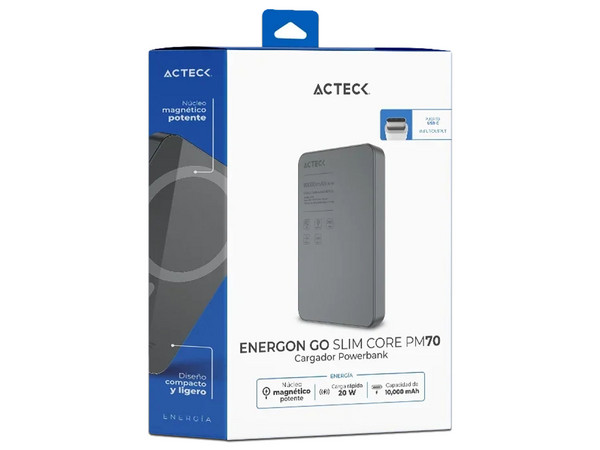 Power Bank ACTECK Energon Go Slim Core PM70 AC-945622 de 10 000 mAh USB-C Carga Inalámbrica 20W. Color Negro.