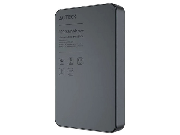 Power Bank ACTECK Energon Go Slim Core PM70 AC-945622 de 10 000 mAh USB-C Carga Inalámbrica 20W. Color Negro.
