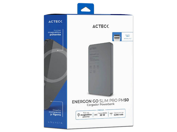 Batería Portátil Recargable Acteck Energon Go Slim Pro PM50, Powerbank de 5000 mAh, USB Tipo C, Carga Inalámbrica, 20W. Color Negro.