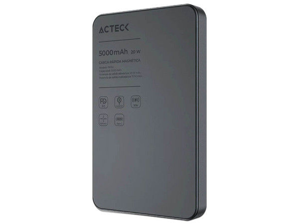 Batería Portátil Recargable Acteck Energon Go Slim Pro PM50, Powerbank de 5000 mAh, USB Tipo C, Carga Inalámbrica, 20W. Color Negro.