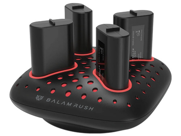 Base Cargador Balam Rush para Controles Xbox One y Xbox Series, Incluye 4 baterías ChargeCore Quad BC400, 1400 mAh.