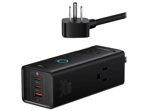 Cargador de Escritorio Baseus PSLA030101 de 6 Puertos, 3 Conexiones PowerStrip AC, 2 USB Tipo C, USB Tipo A, 30W, Cable de 1.5m. Color Negro.