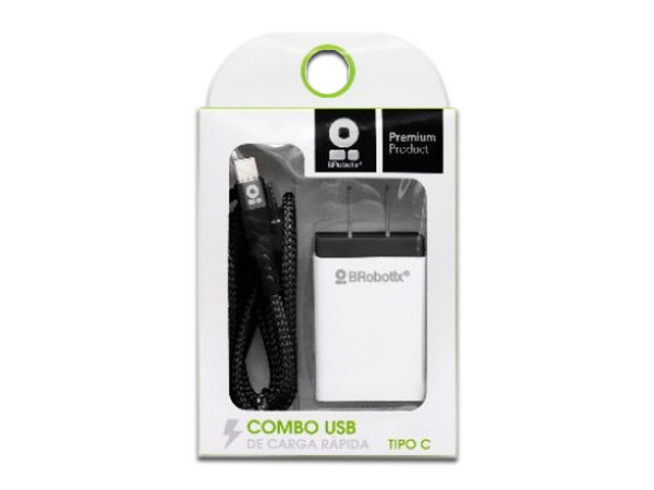 Cargador de Pared BRobotix 9633-25 con cable USB-C, 1m. Color Negro/Blanco.