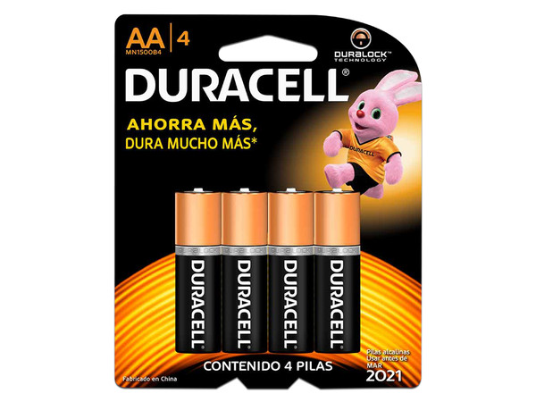 Paquete de baterías Duracell con 4 baterías AA alcalinas.