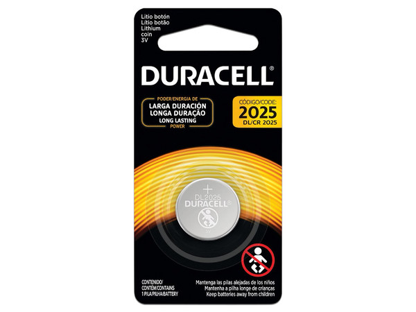 Batería Duracell CR2025 de Litio, tipo botón de 3V.