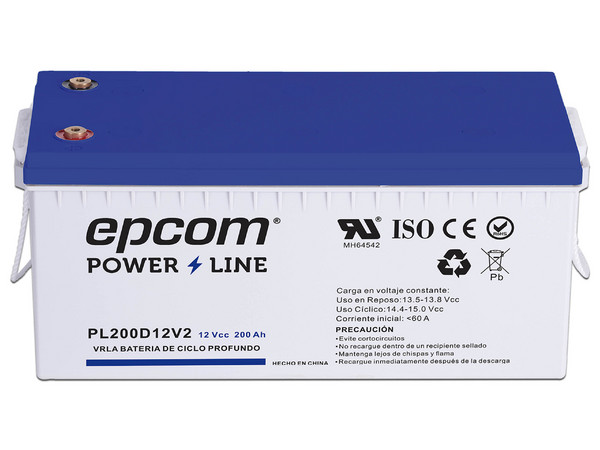 Batería de Epcom PL200D12V2 de 12 V a 200Ah, Ciclo Profundo, T5, Respaldo para Equipos Electrónicos Fotovoltaicos.