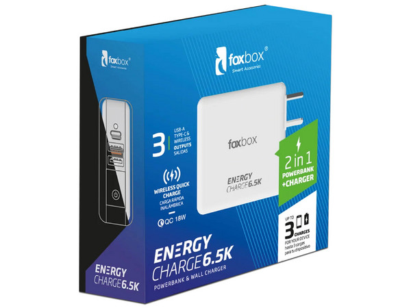 Cargador de Poder y Batería Portátil FoxBox Energy Charge 6.5K de 18W, USB Tipo A y USB Tipo C, 6500 mAh, GaN. Color Blanco.